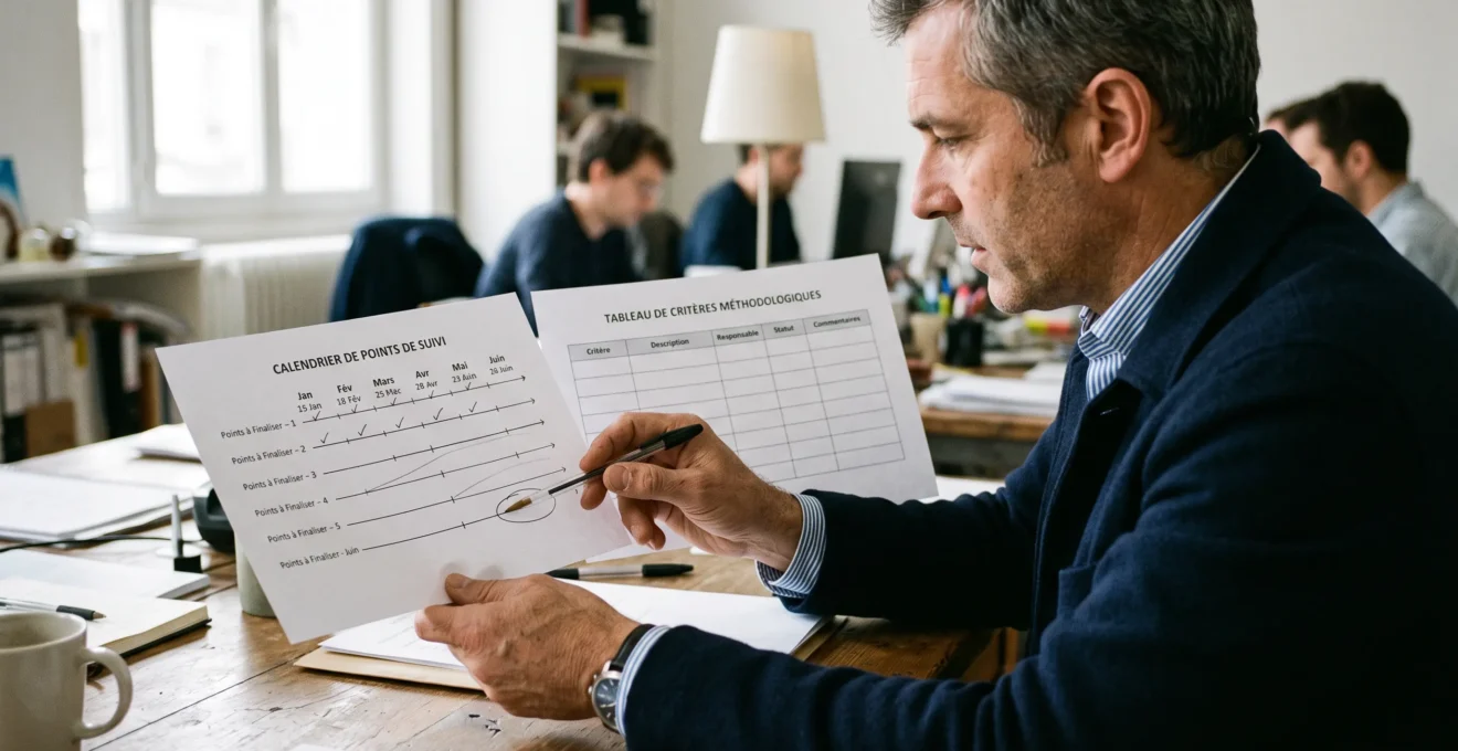 Responsable examinant une grille de livrables et de suivi GEO